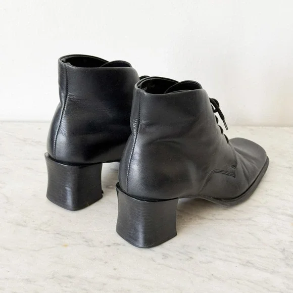 Pesaro Vintage Black Leather Square Toe Lace Up Block Heel Ankle Boots 7.5 - Picture 4 of 4